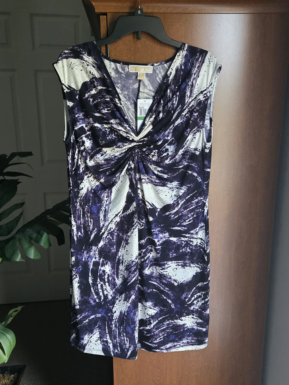 Michael Kors Purple and White Twist-Front Mini Dress